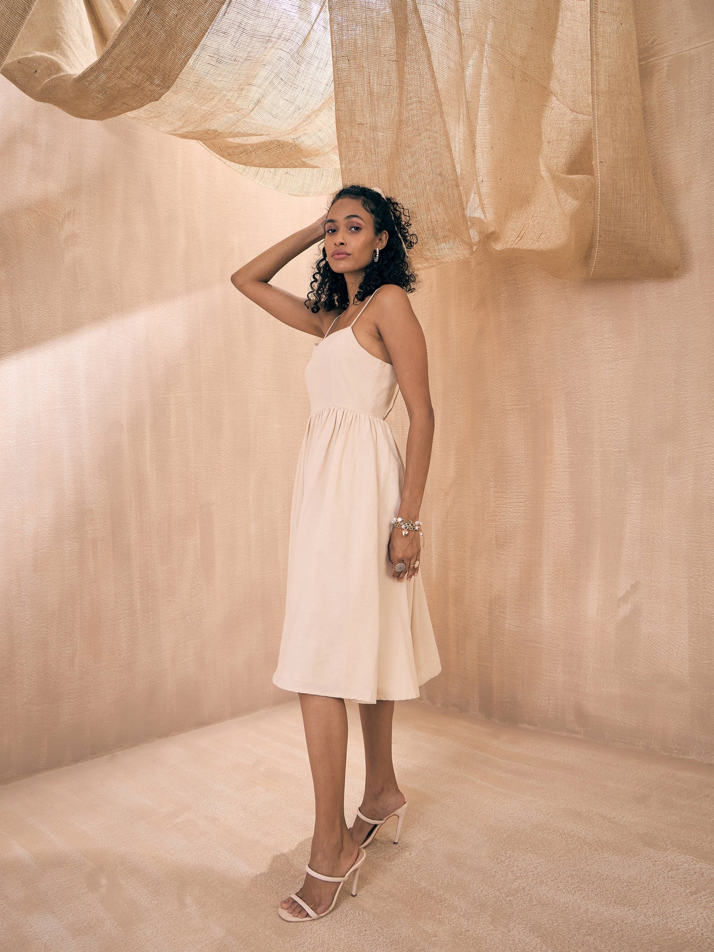 Beige Solid Back Tie-Dori Midi Dress