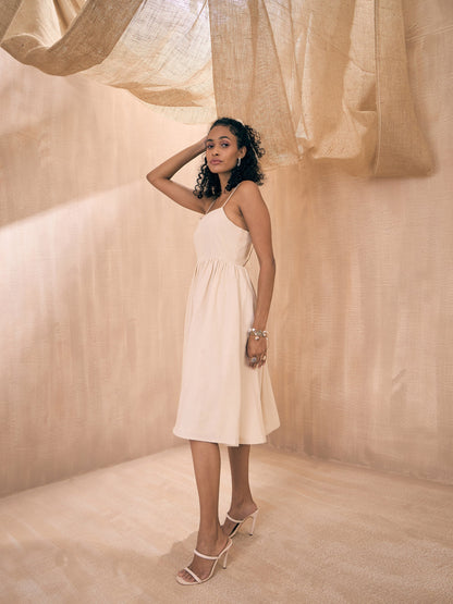 Beige Solid Back Tie-Dori Midi Dress