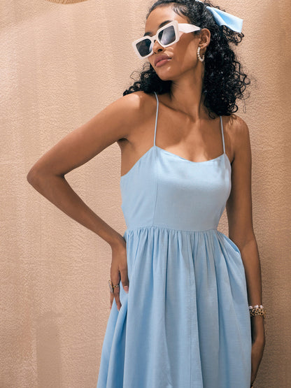 Blue Solid Back Tie-Dori Midi Dress