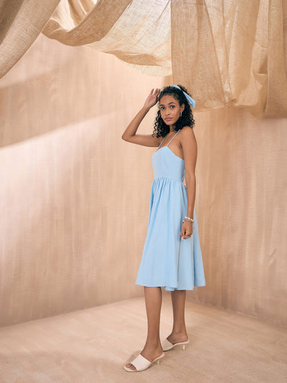 Blue Solid Back Tie-Dori Midi Dress