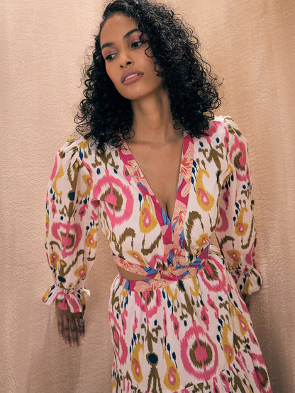 Women White Ikat Print Waist Cut-Out Maxi