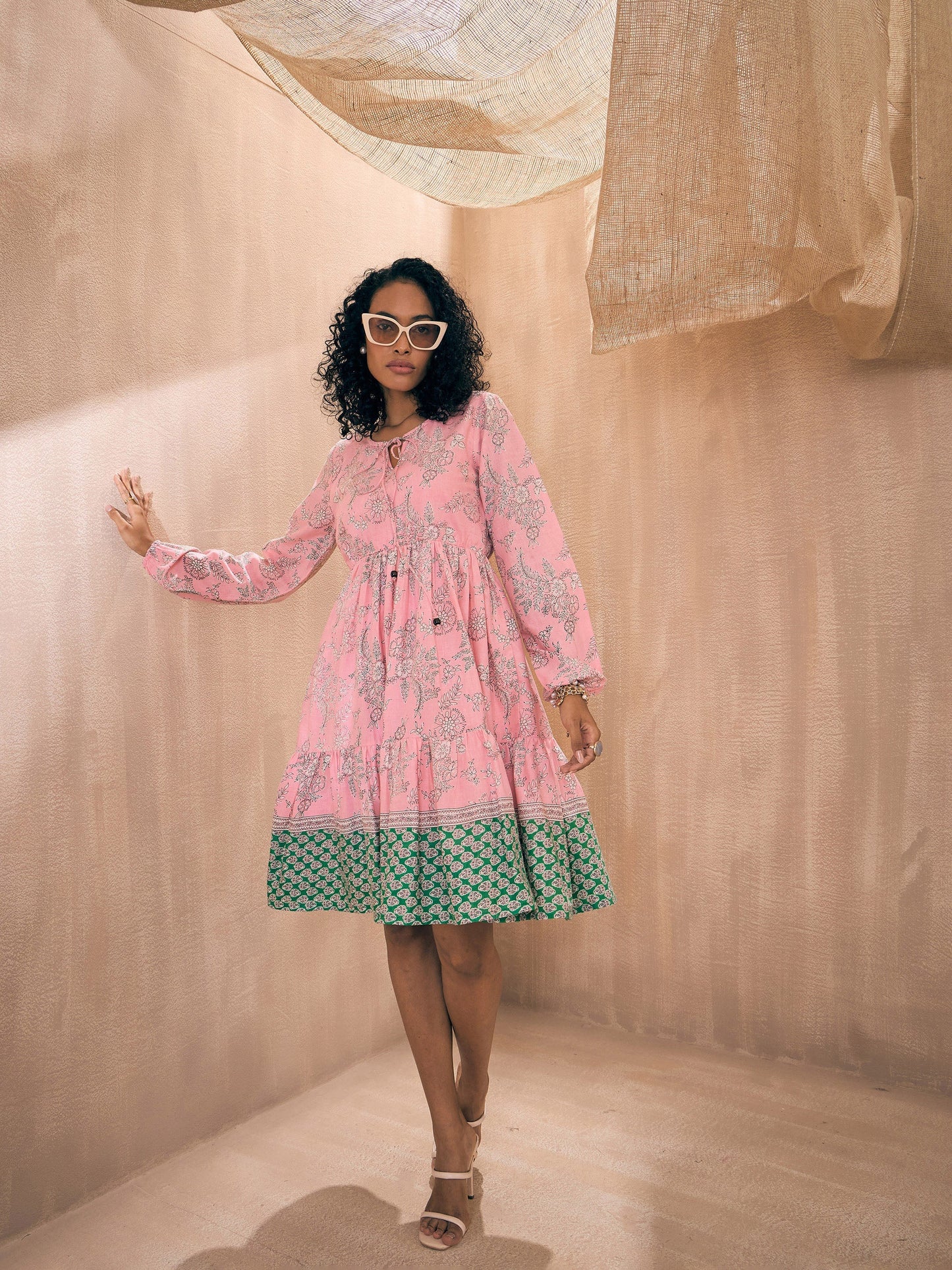 Pink Floral Contrast Border Skater Dress