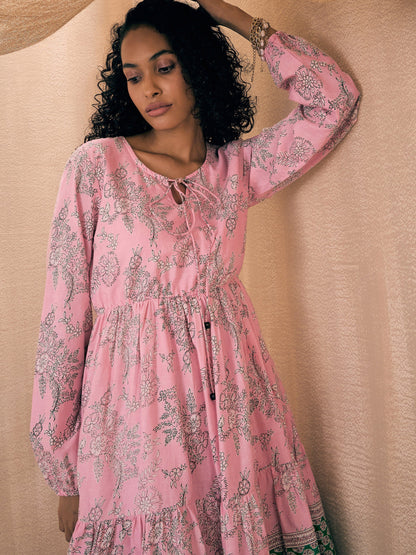 Pink Floral Contrast Border Skater Dress