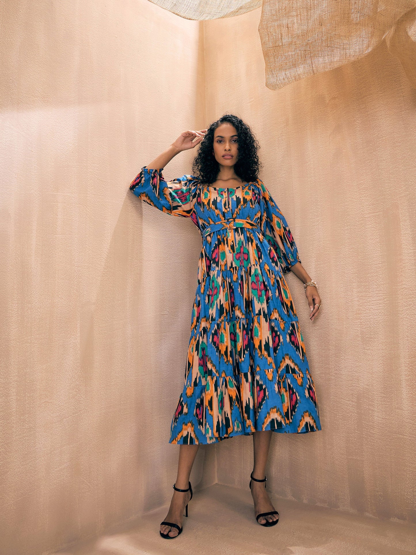 Blue Ikat Front Button Self Belt Tiered Midi Dress