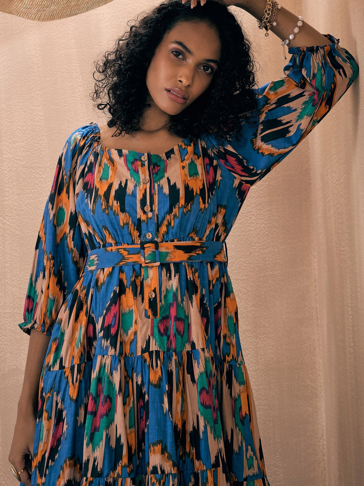 Blue Ikat Front Button Self Belt Tiered Midi Dress