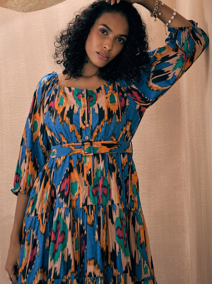 Blue Ikat Front Button Self Belt Tiered Midi Dress