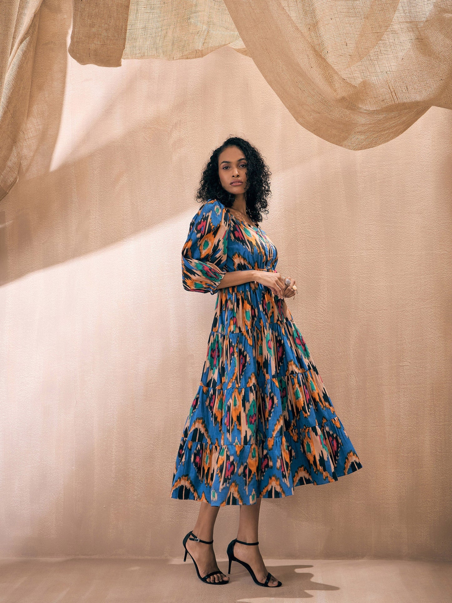 Blue Ikat Front Button Self Belt Tiered Midi Dress