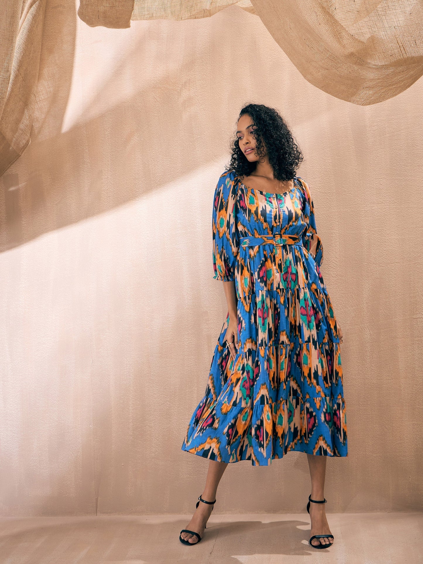 Blue Ikat Front Button Self Belt Tiered Midi Dress