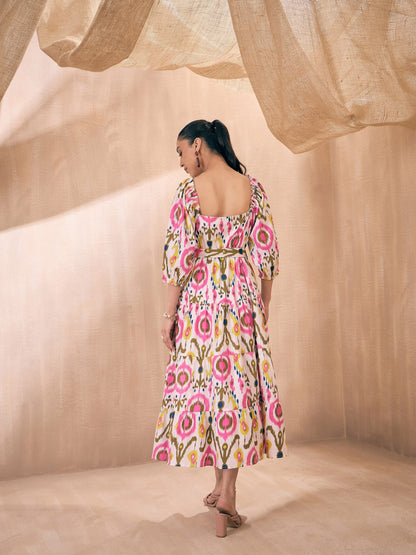Women Pink Ikat Front Button Self Belt Tiered Midi Dress
