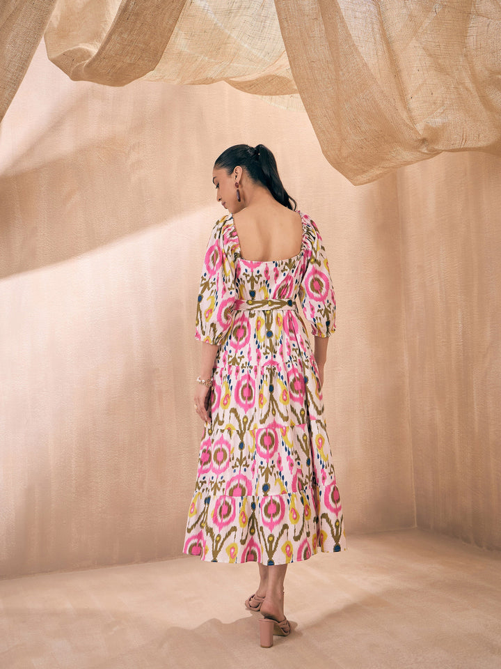 Women Pink Ikat Front Button Self Belt Tiered Midi Dress