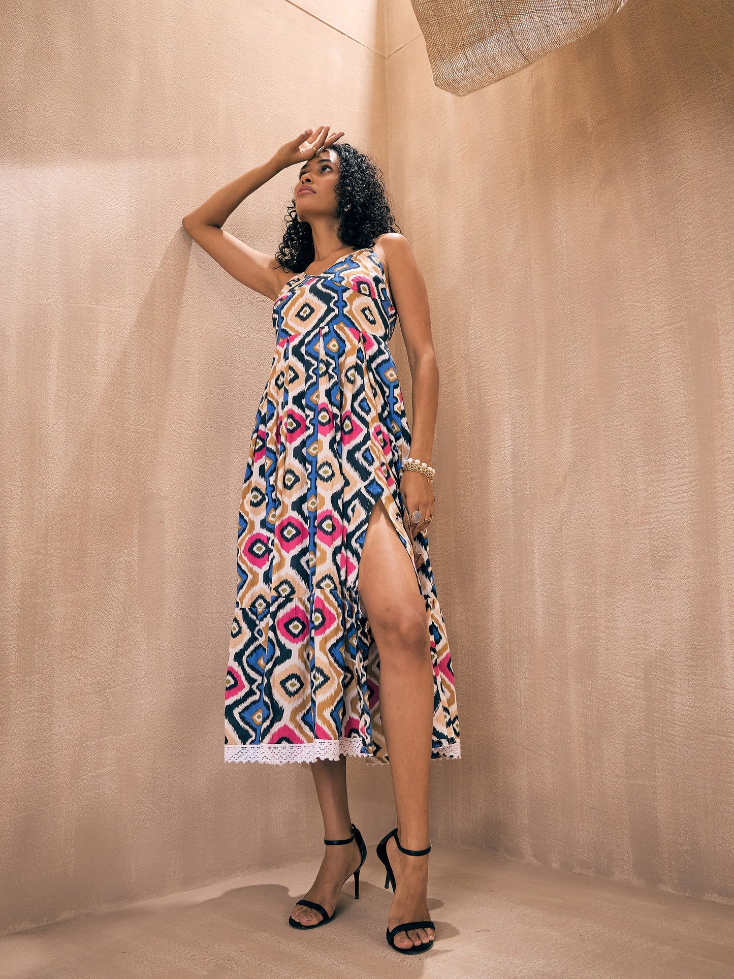 Blue & Pink Ethnic Print Front Slit Strappy Midi Dress