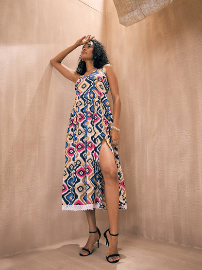 Blue & Pink Ethnic Print Front Slit Strappy Midi Dress