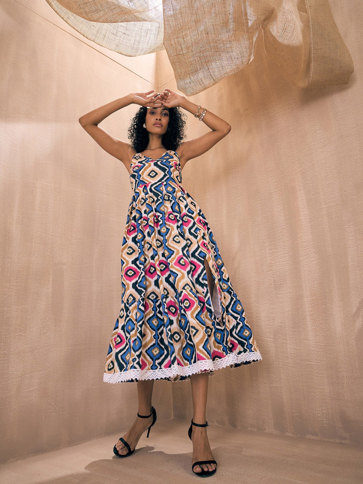 Blue & Pink Ethnic Print Front Slit Strappy Midi Dress