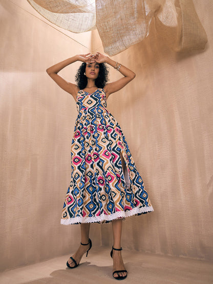 Blue & Pink Ethnic Print Front Slit Strappy Midi Dress