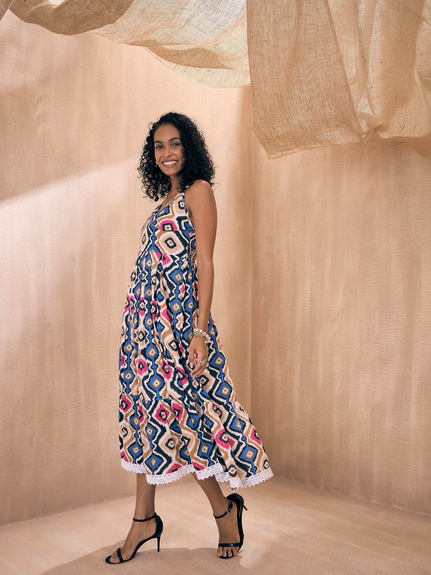 Blue & Pink Ethnic Print Front Slit Strappy Midi Dress