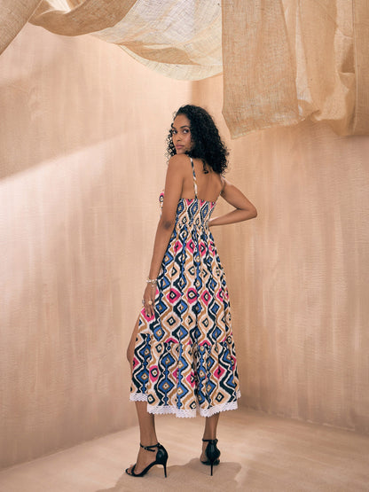 Blue & Pink Ethnic Print Front Slit Strappy Midi Dress
