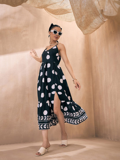 Black Polka Dot Front Slit Strappy Midi Dress
