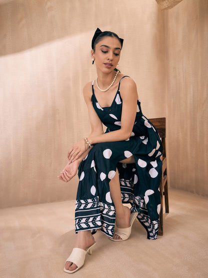 Black Polka Dot Front Slit Strappy Midi Dress