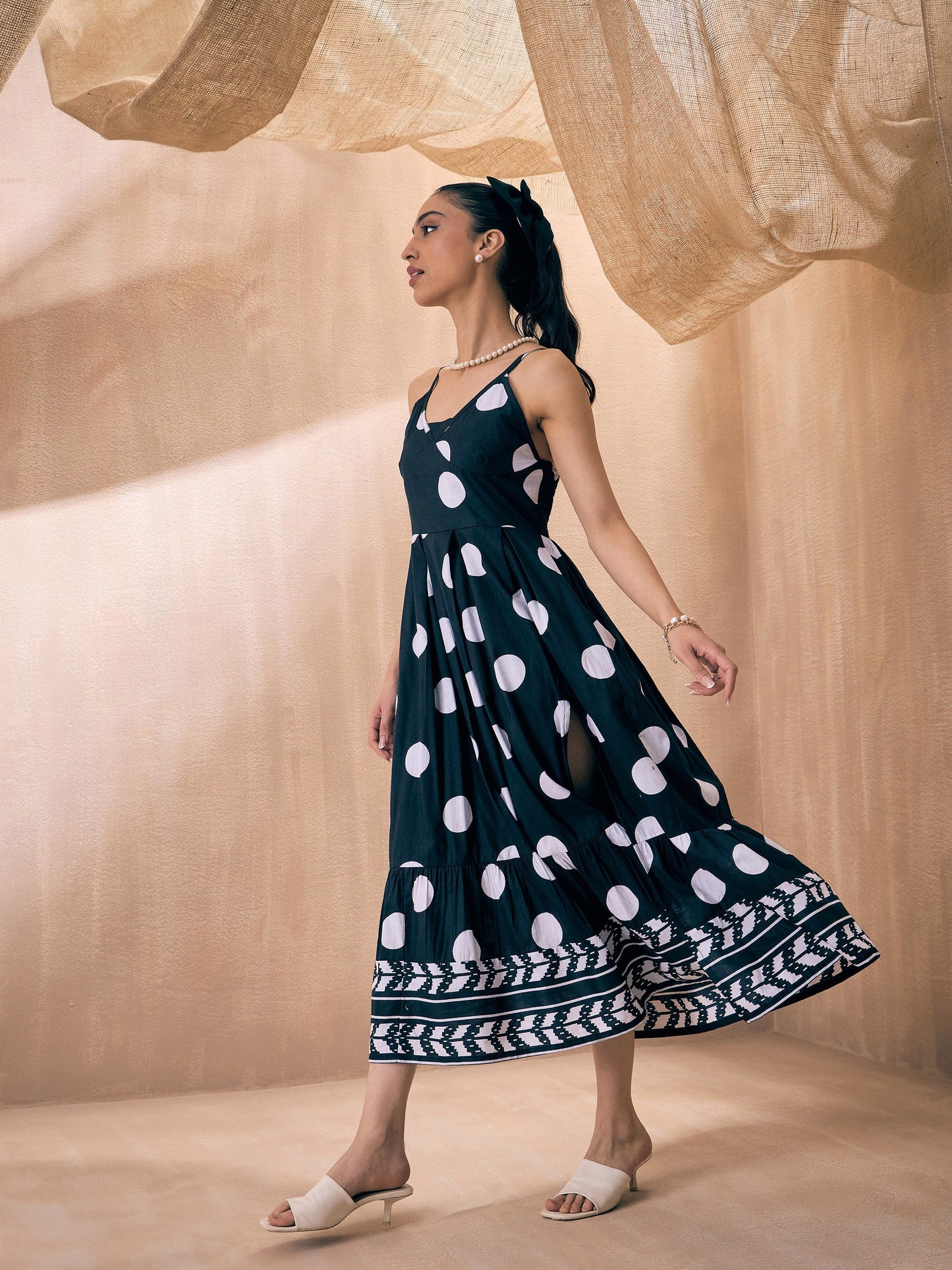 Black Polka Dot Front Slit Strappy Midi Dress