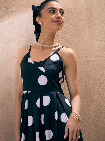 Black Polka Dot Front Slit Strappy Midi Dress
