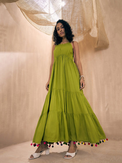 Green Rayon Embroidered Pom-Pom Tiered Maxi