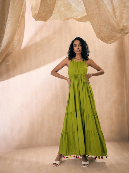 Green Rayon Embroidered Pom-Pom Tiered Maxi