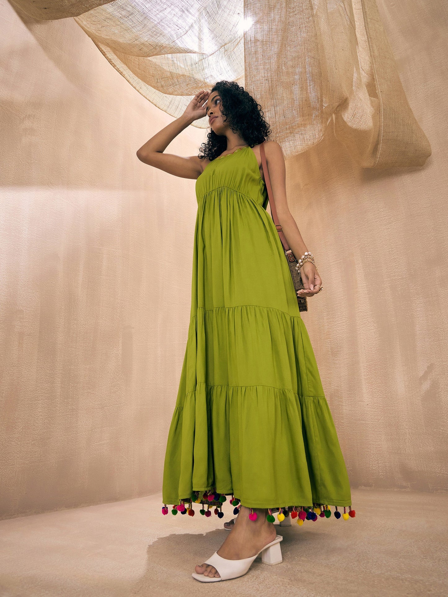 Green Rayon Embroidered Pom-Pom Tiered Maxi