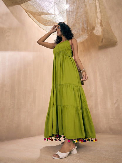 Green Rayon Embroidered Pom-Pom Tiered Maxi