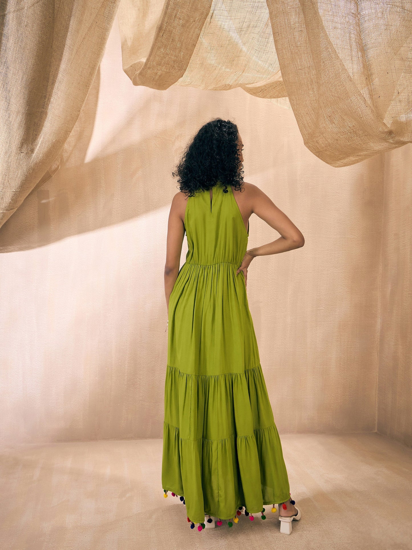 Green Rayon Embroidered Pom-Pom Tiered Maxi