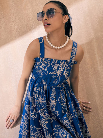 Women Blue Poplin Floral Ruffle Neck Smocked Skater Dress