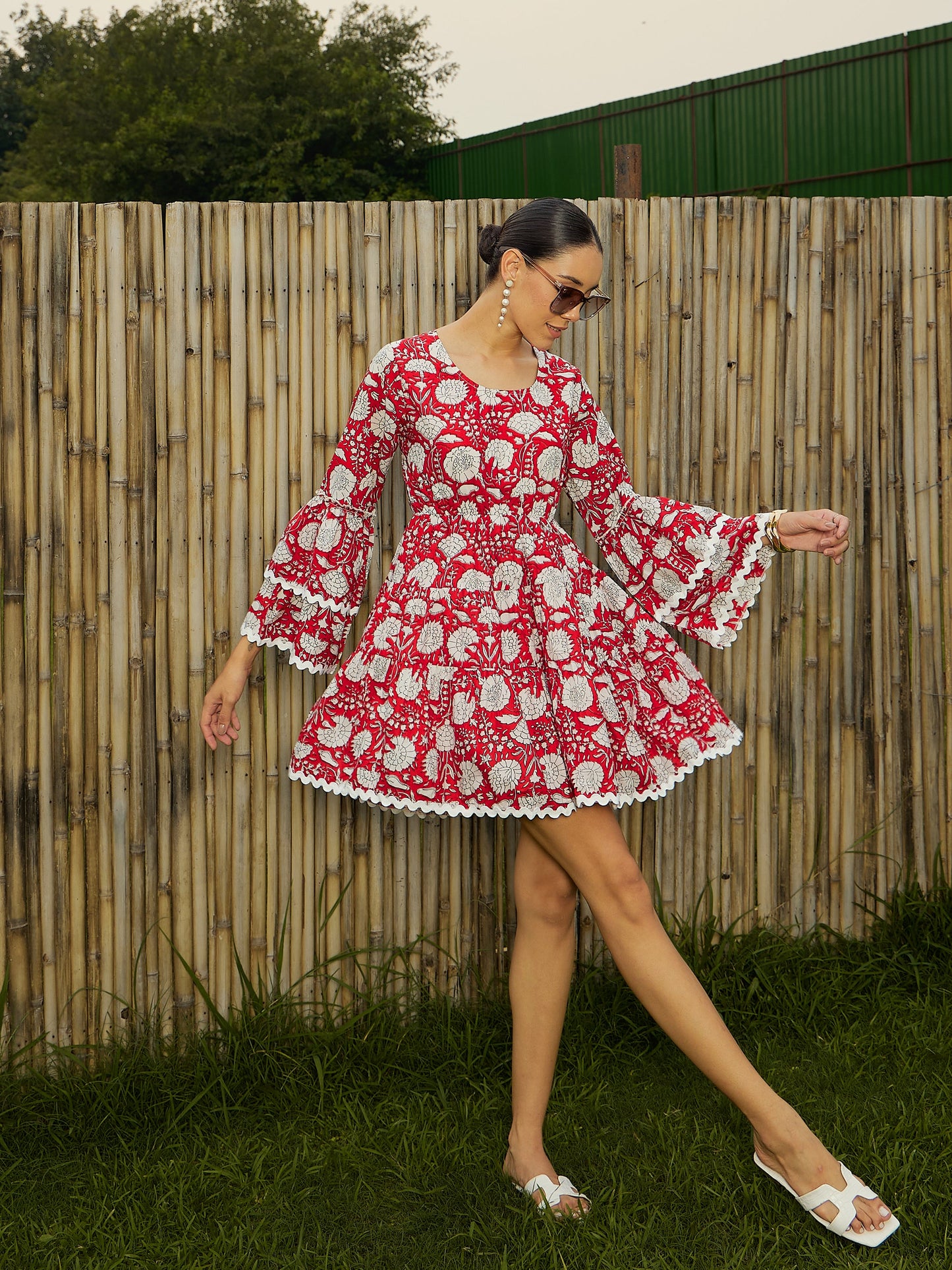 Red Floral Lace Detail Back Cut-Out Smocked Dress