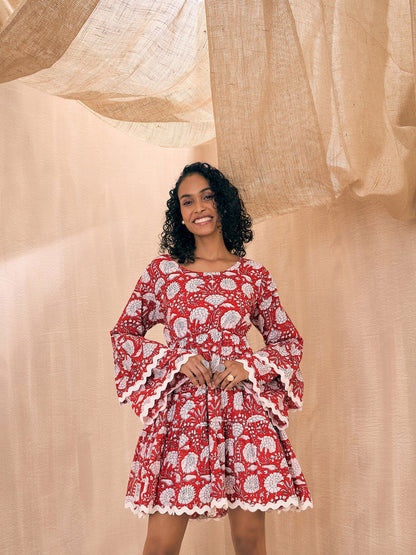 Red Floral Lace Detail Back Cut-Out Smocked Dress