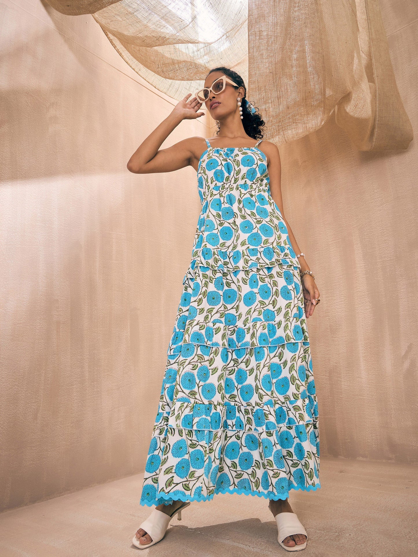 Blue Floral Front Slit Strappy Maxi