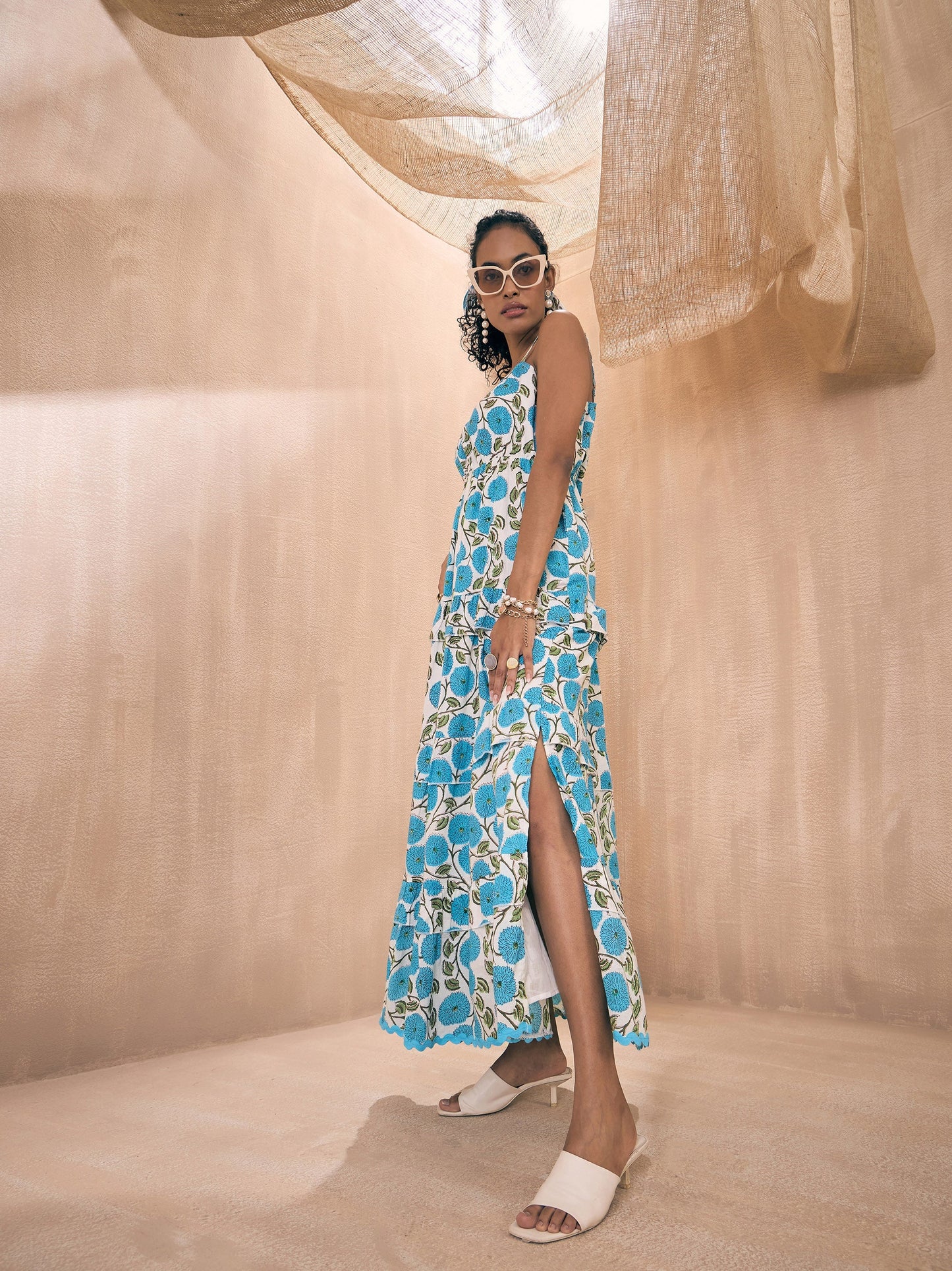 Blue Floral Front Slit Strappy Maxi