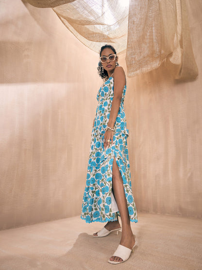 Blue Floral Front Slit Strappy Maxi