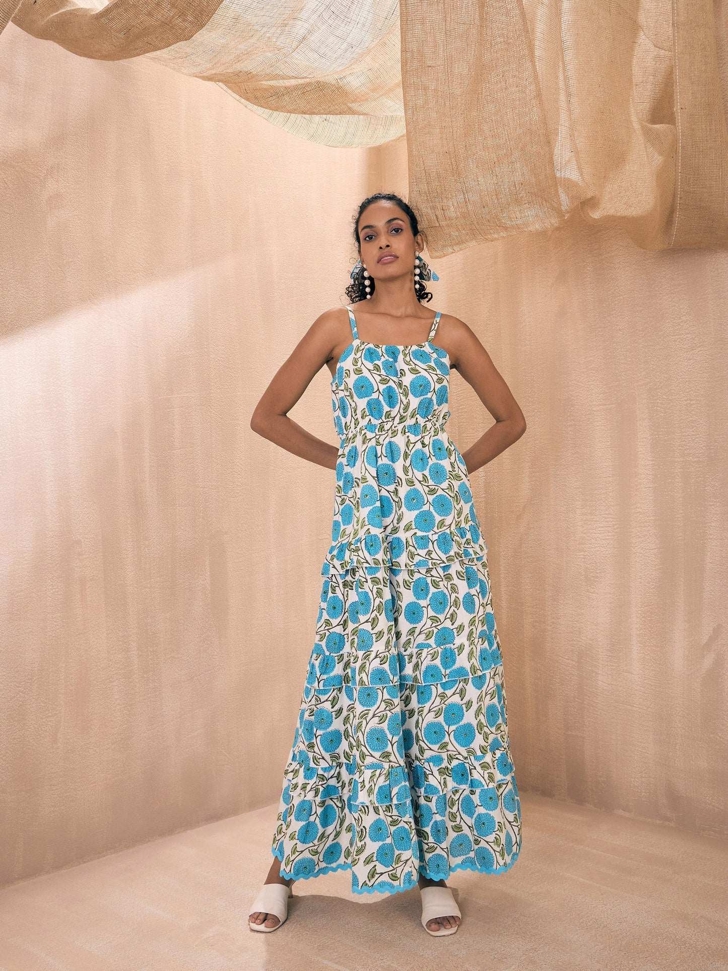Blue Floral Front Slit Strappy Maxi