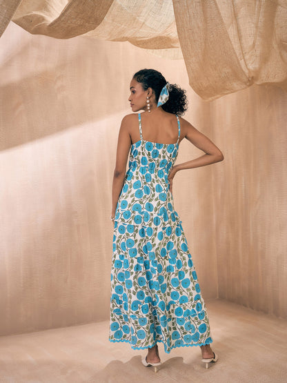 Blue Floral Front Slit Strappy Maxi