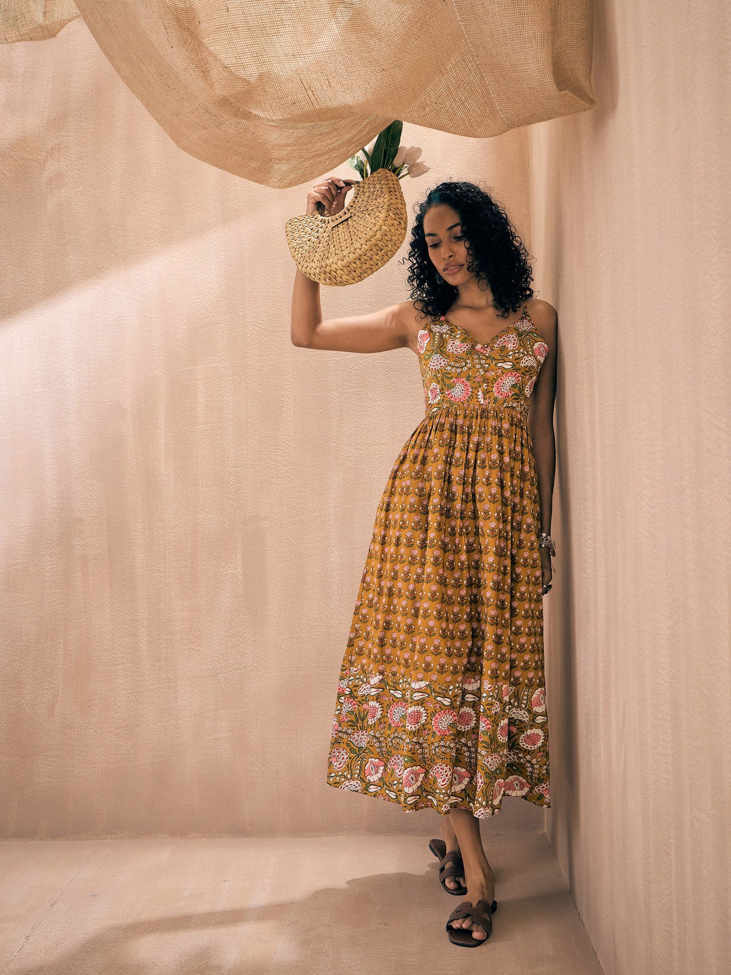 Brown Floral Strappy Midi Dress