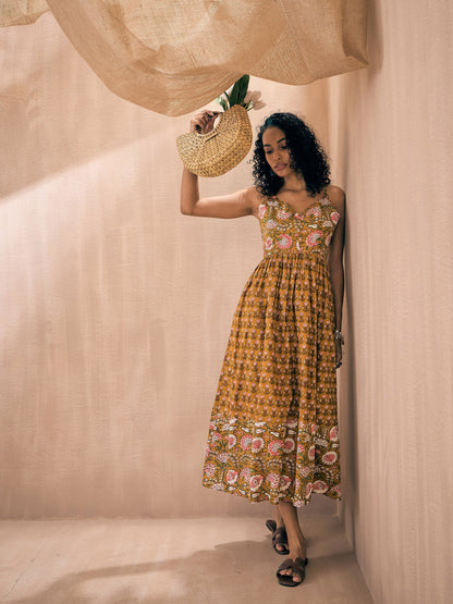 Brown Floral Strappy Midi Dress