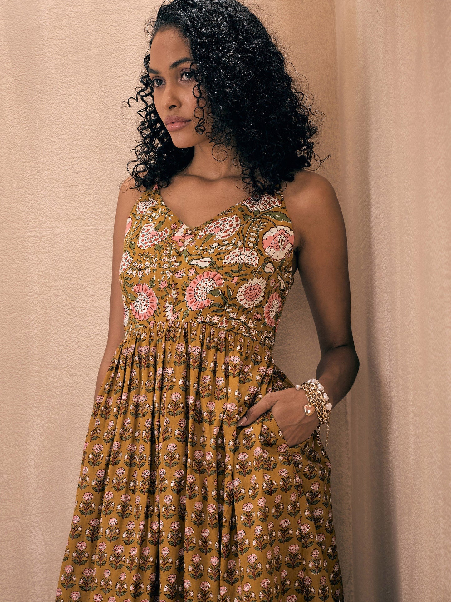 Brown Floral Strappy Midi Dress