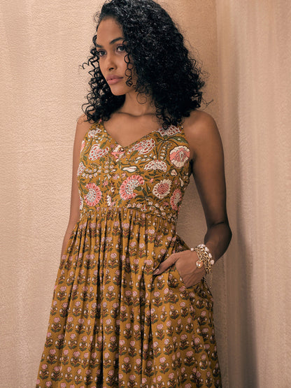 Brown Floral Strappy Midi Dress