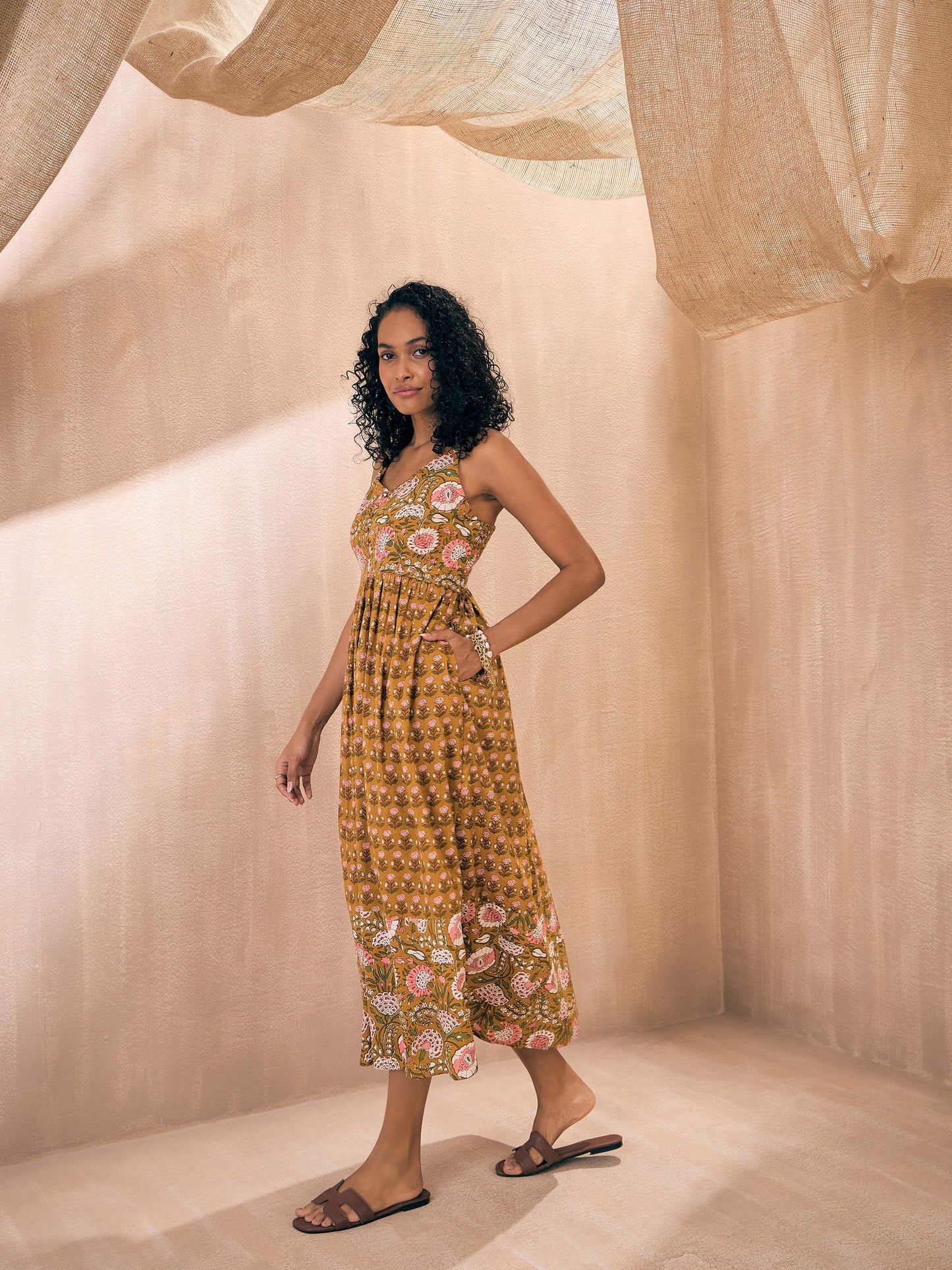 Brown Floral Strappy Midi Dress