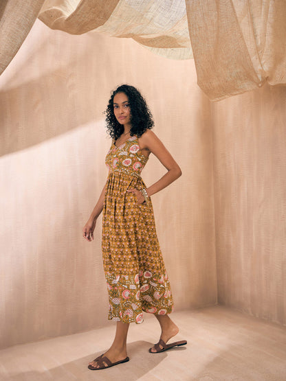 Brown Floral Strappy Midi Dress