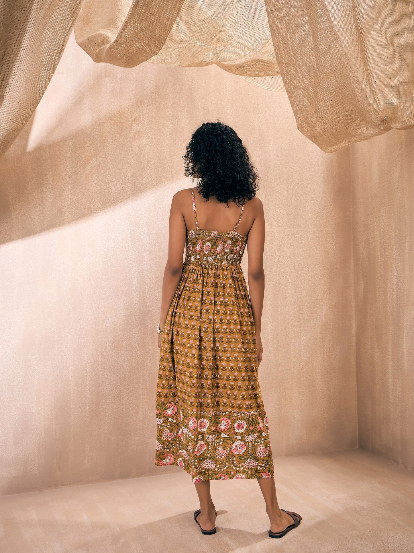 Brown Floral Strappy Midi Dress