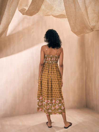 Brown Floral Strappy Midi Dress