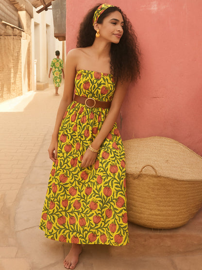 Women Yellow Floral Smocked Bust Tube Maxi