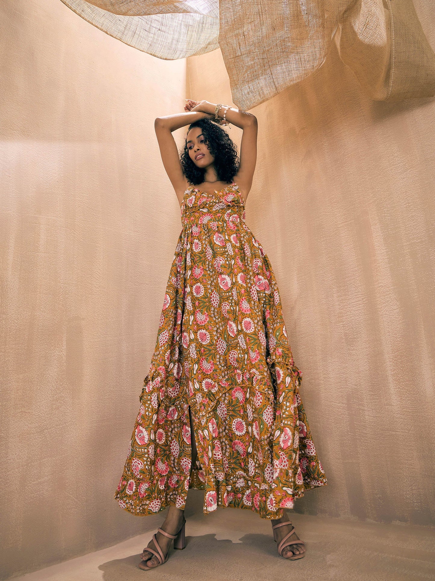 Brown Floral Back Tie Strappy Tiered Slit Maxi