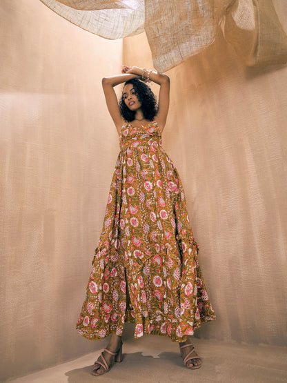 Brown Floral Back Tie Strappy Tiered Slit Maxi