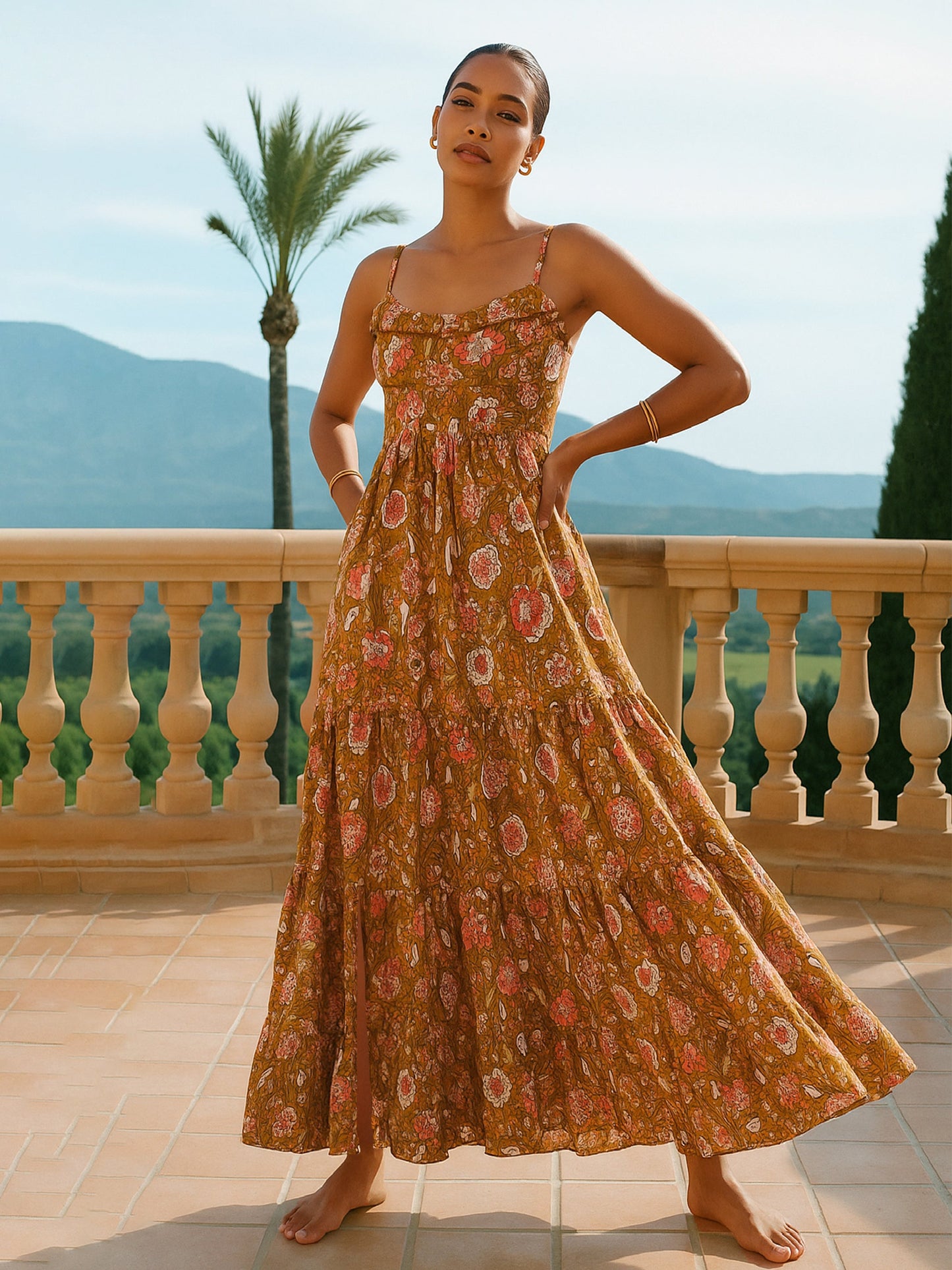Brown Floral Back Tie Strappy Tiered Slit Maxi