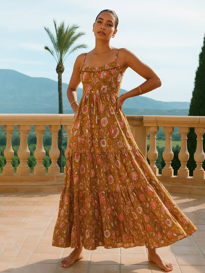 Brown Floral Back Tie Strappy Tiered Slit Maxi